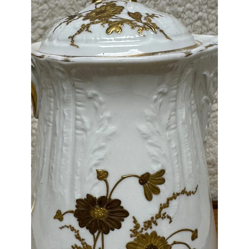 Vintage KT&K China Tall Coffee Pot / Chocolate Pot White Gold Floral Embossed
